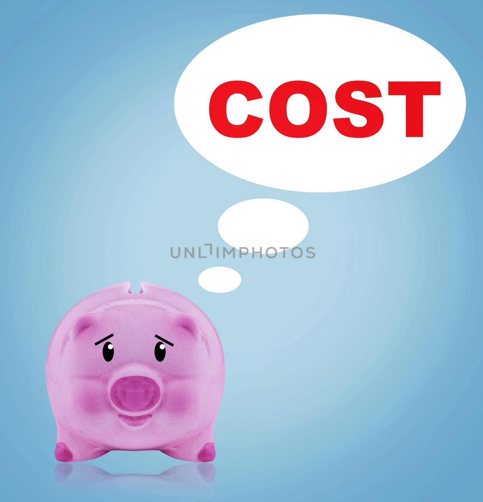 Business financial cost concept, pink piggy bank on blue background