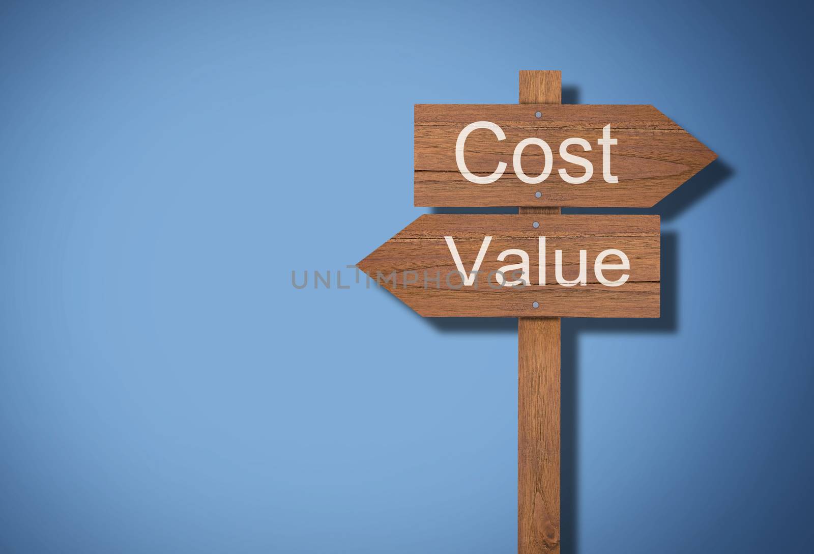 Business financial cost and value concept, wooden sign on blue background
