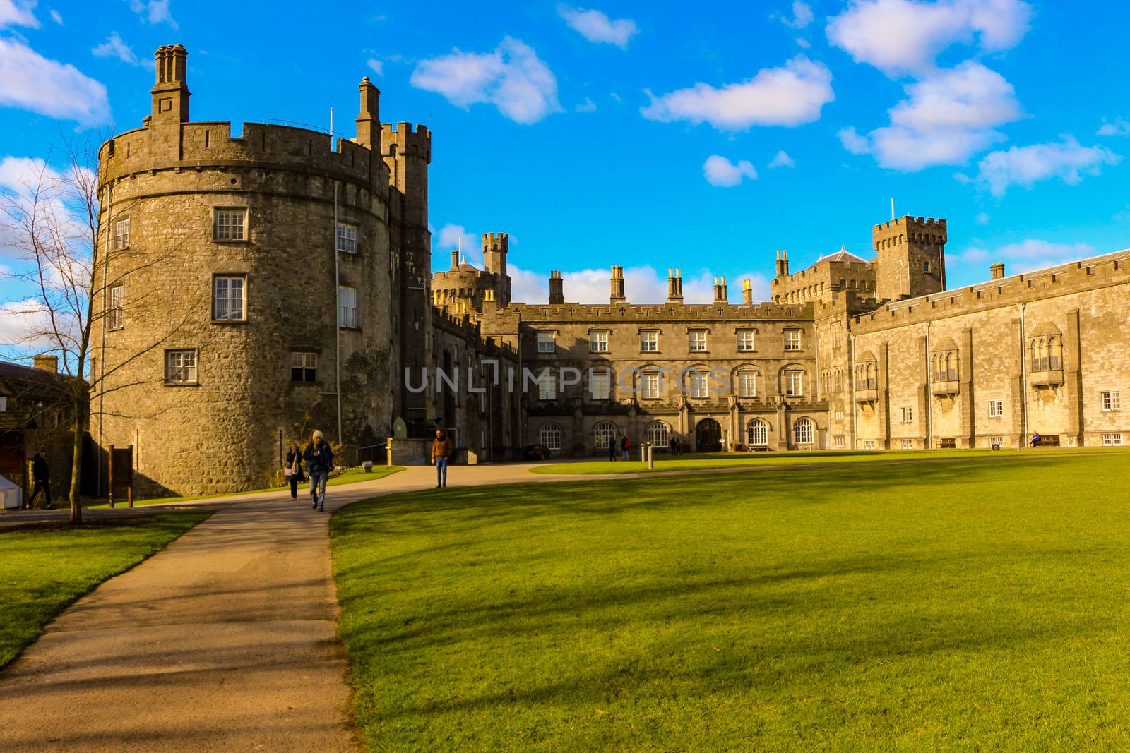Kilkenny Castle. Historic landmark in the town of Kilkenny in Ireland. Ireland has many castles but this one is well known as a tourist destination spot and offers internal tours and historic lessons. The town of kilkenny is known as the midevil city.