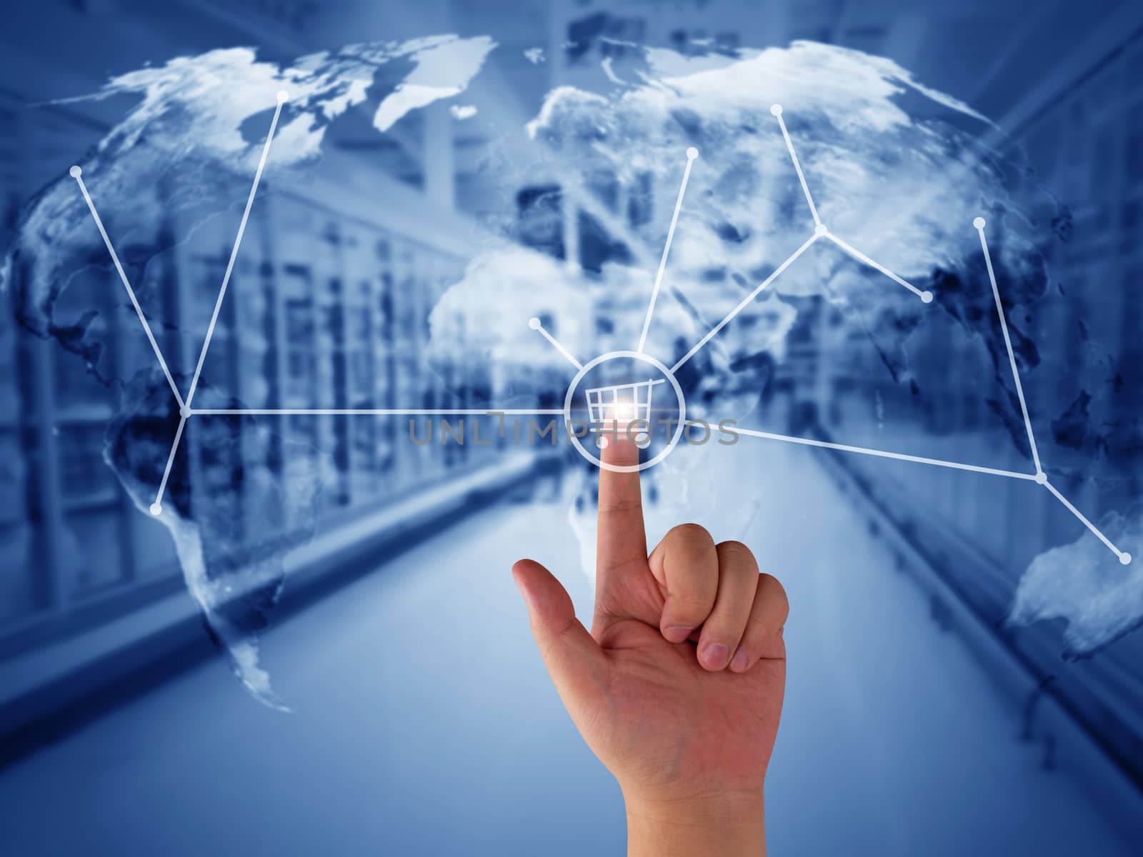 Online shopping concept, business global network, hand and shopping trolley icon on blue background, Elements of this image furnished by NASA