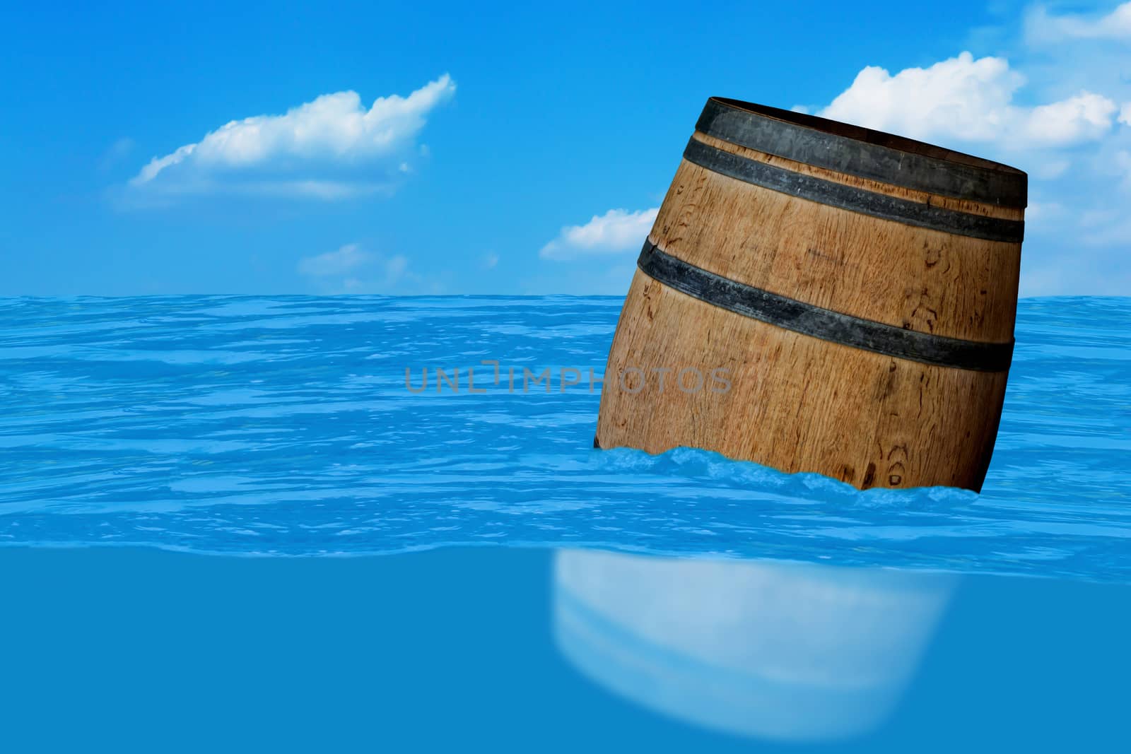 Floating old barrel on the sea, copy space