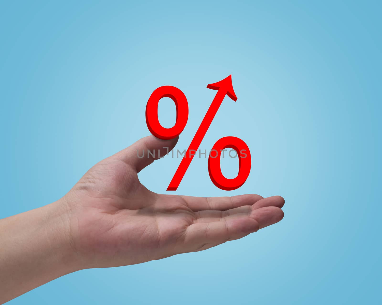 Hand and interest rate symbol on blue background, business financial  concept