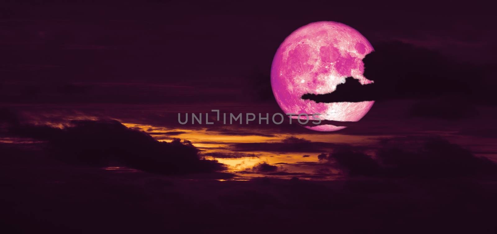 snow moon back on silhouette heap cloud on sunset sky, Elements of this image furnished by NASA