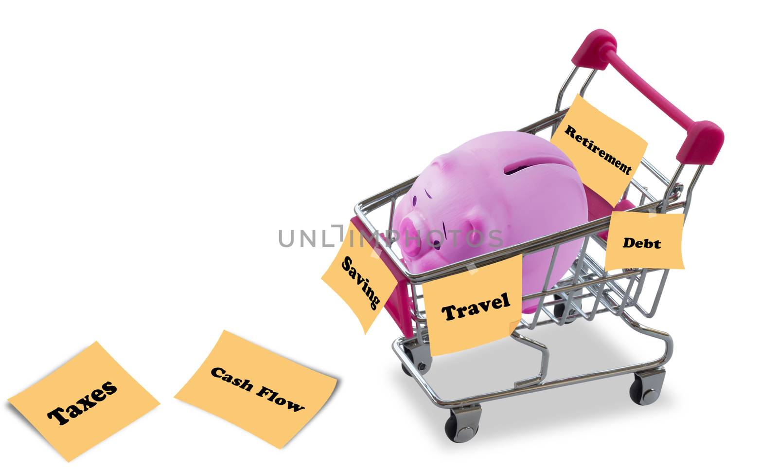 Isolate piggy bank on shopping trolley, financial planning concept