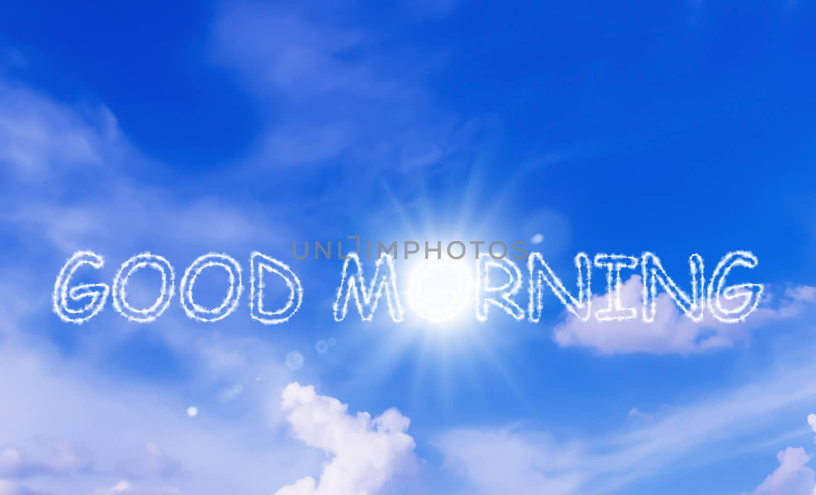 Good morning and wake up concept, cloud text on blue sky