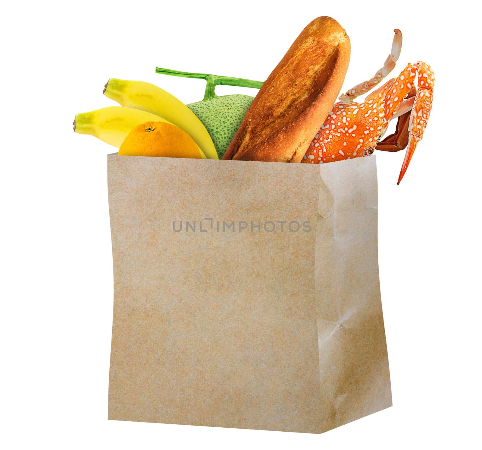 Grocery shopping concept, isolate supermarket retail product in brown paper bag on white background
