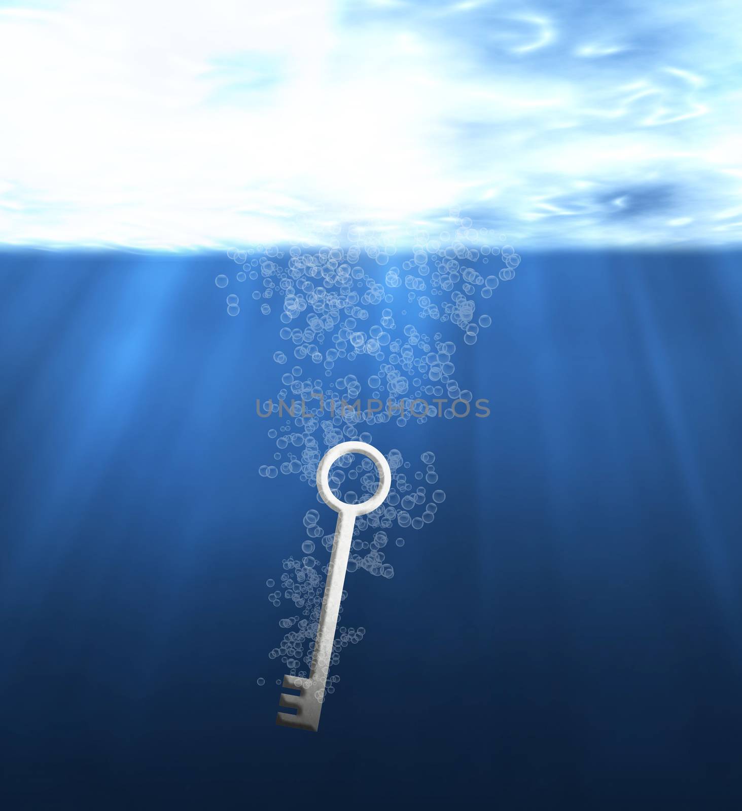 Business failure, problem concept, drowning white key in the blue water