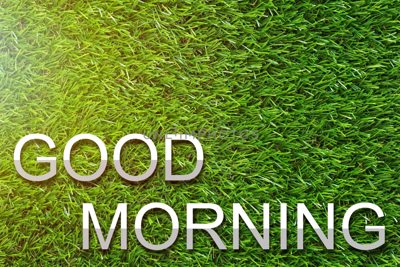 Good morning and wake up concept, greeting paper cut text on green grass background