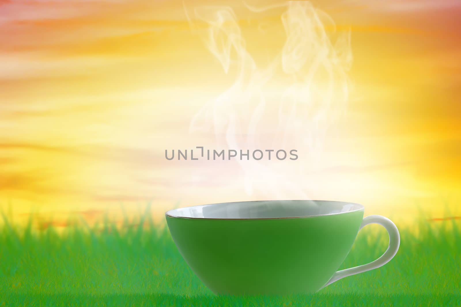 Good morning and wake up concept, cup of hot coffee on sunrise background  
