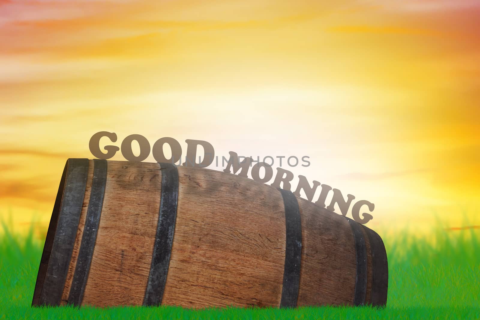 Good morning and wake up concept, wood barrel on green grass