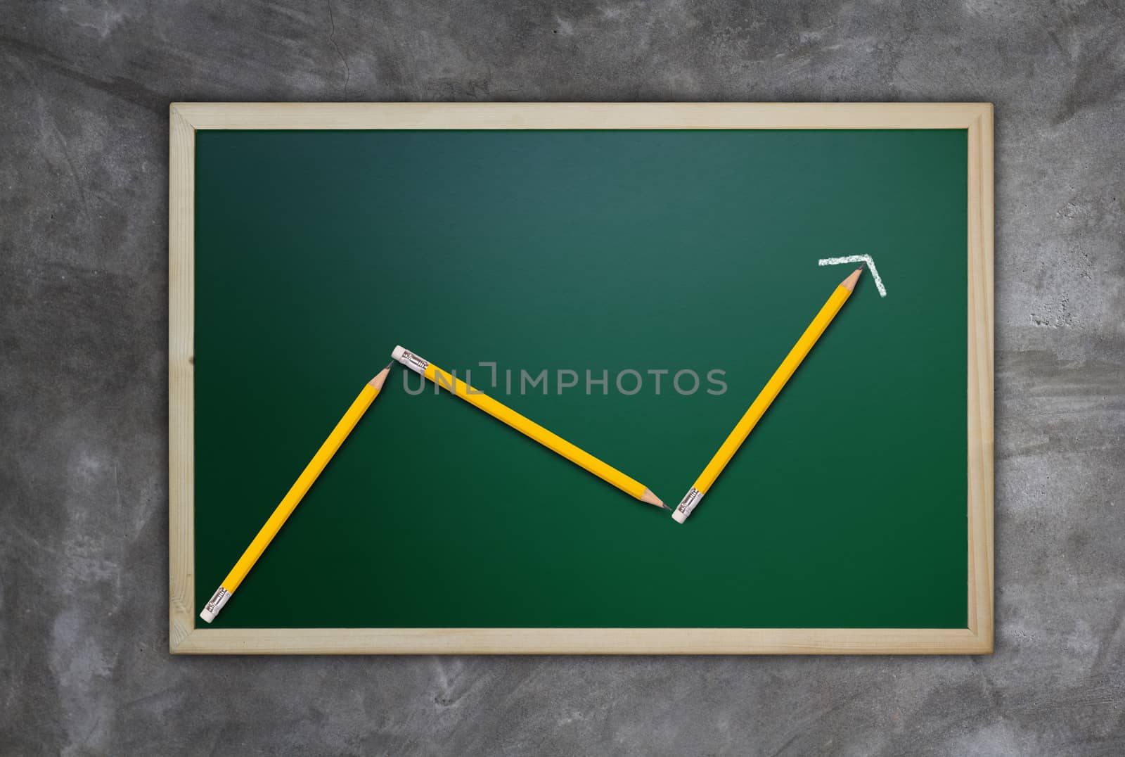 Business growth concept, yellow pencil and financial graph increase market profit on blackboard background