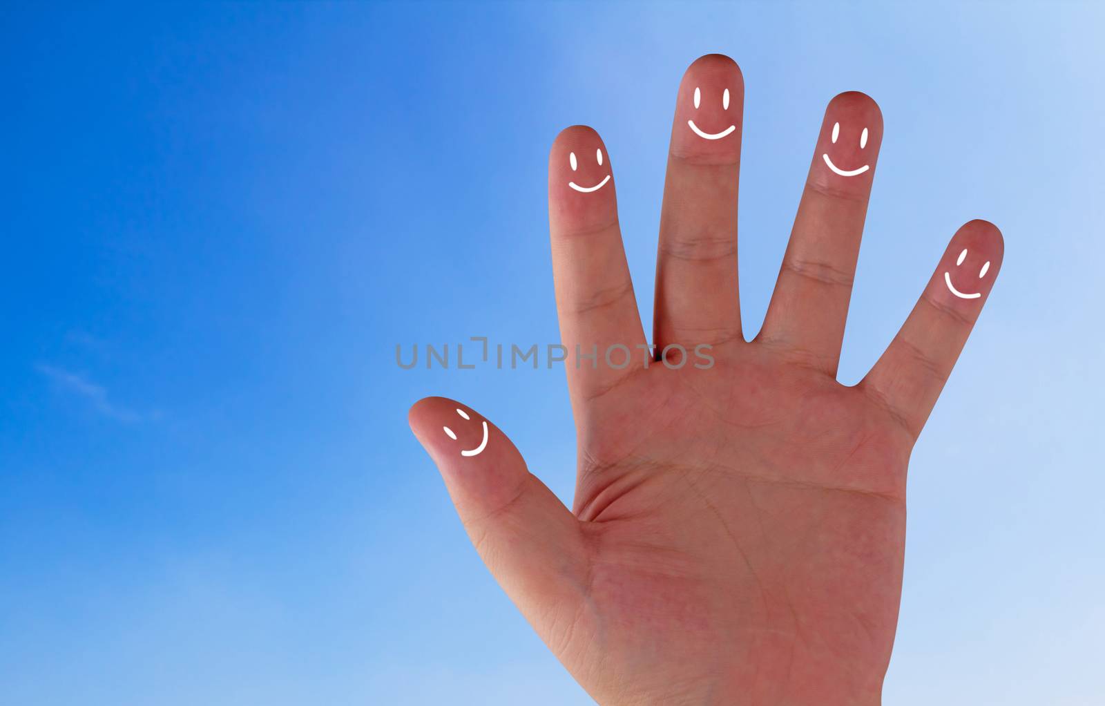 Happiness concept, family hand smile on blue sky background, team relationship