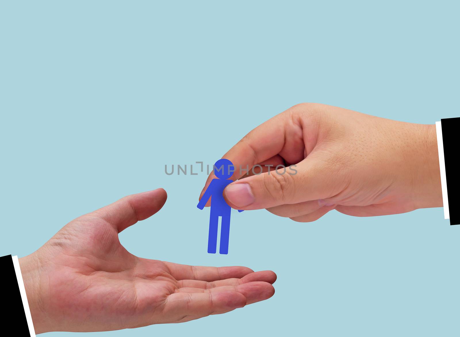 Human resource management, teamwork concept, business recruitment, paper people and hand