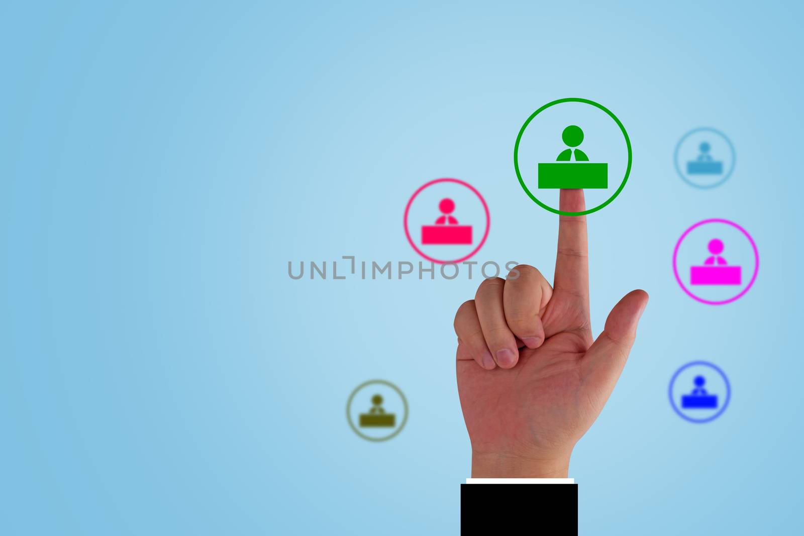 Human resource management, teamwork concept, business recruitment, group of people icon and hand