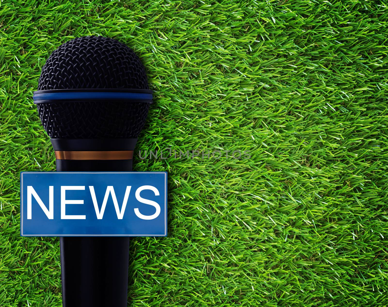 News concept, microphone on green grass background