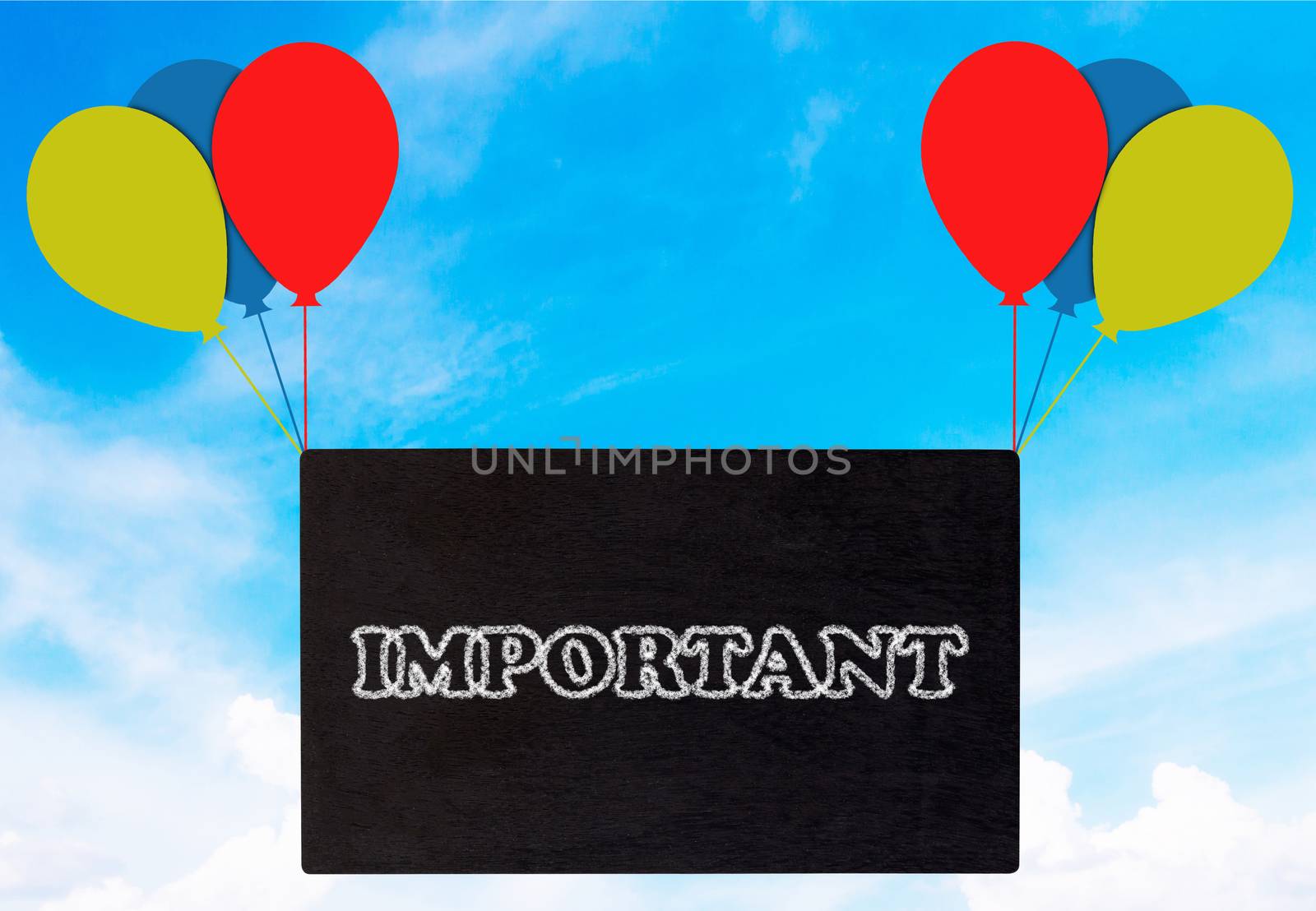 Important announcement, blackboard and balloon on blue sky background