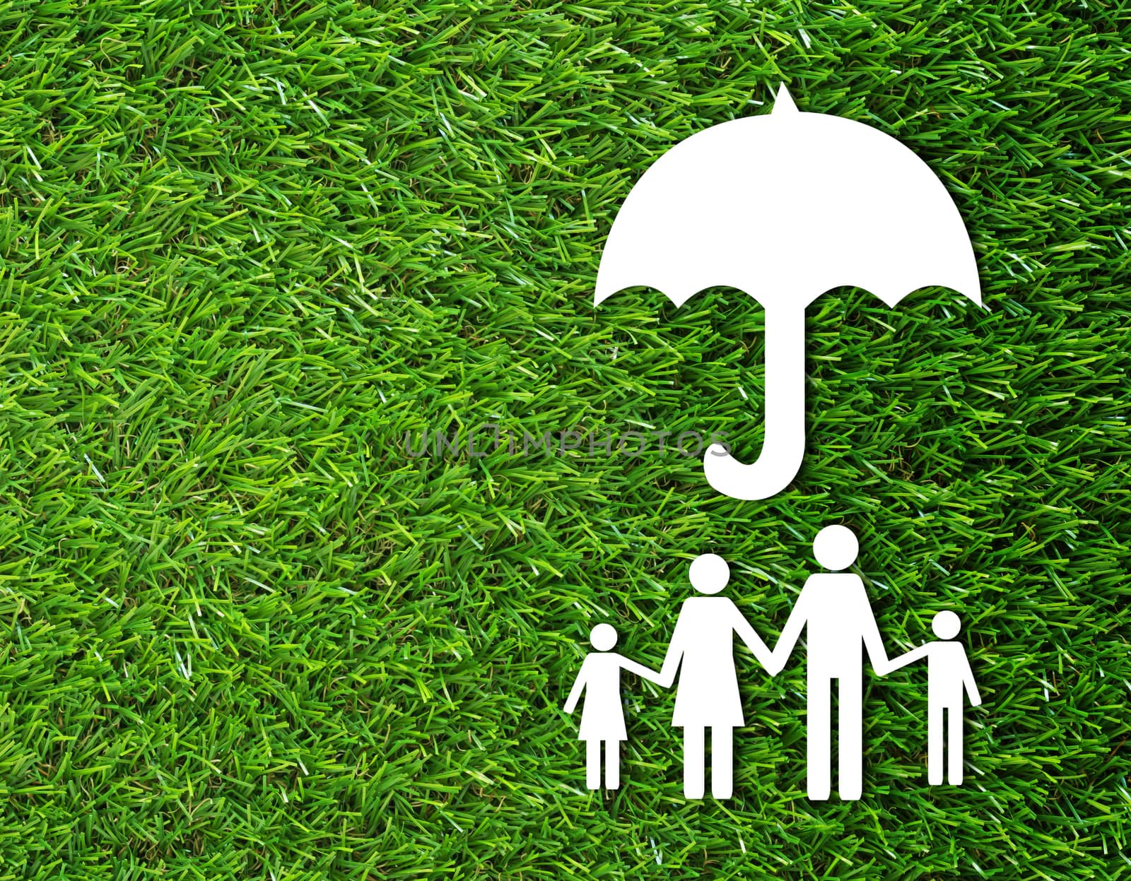 Insurance concept, security life, family paper on green grass background