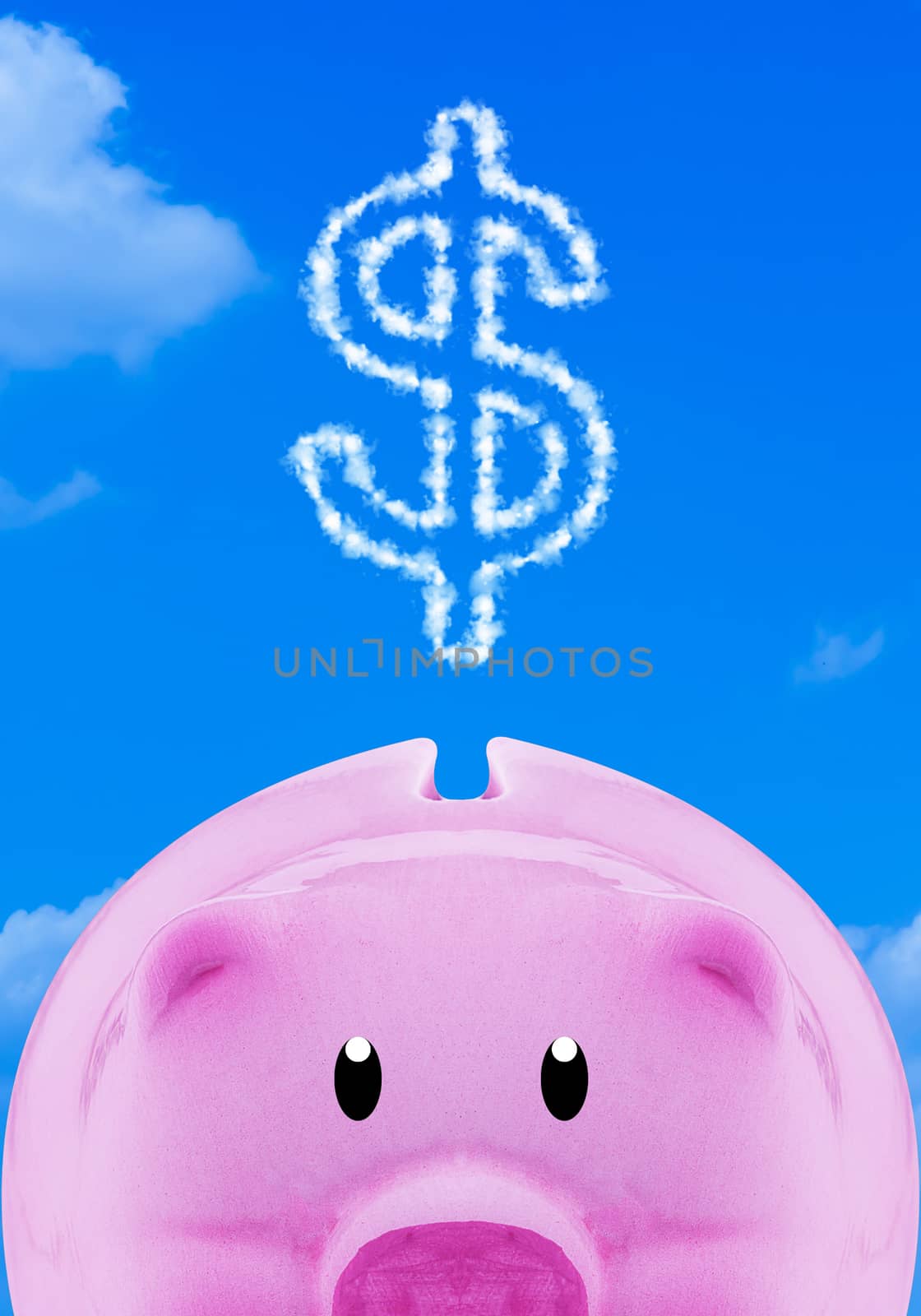 Financial, saving money concept, pink piggy bank on blue sky background