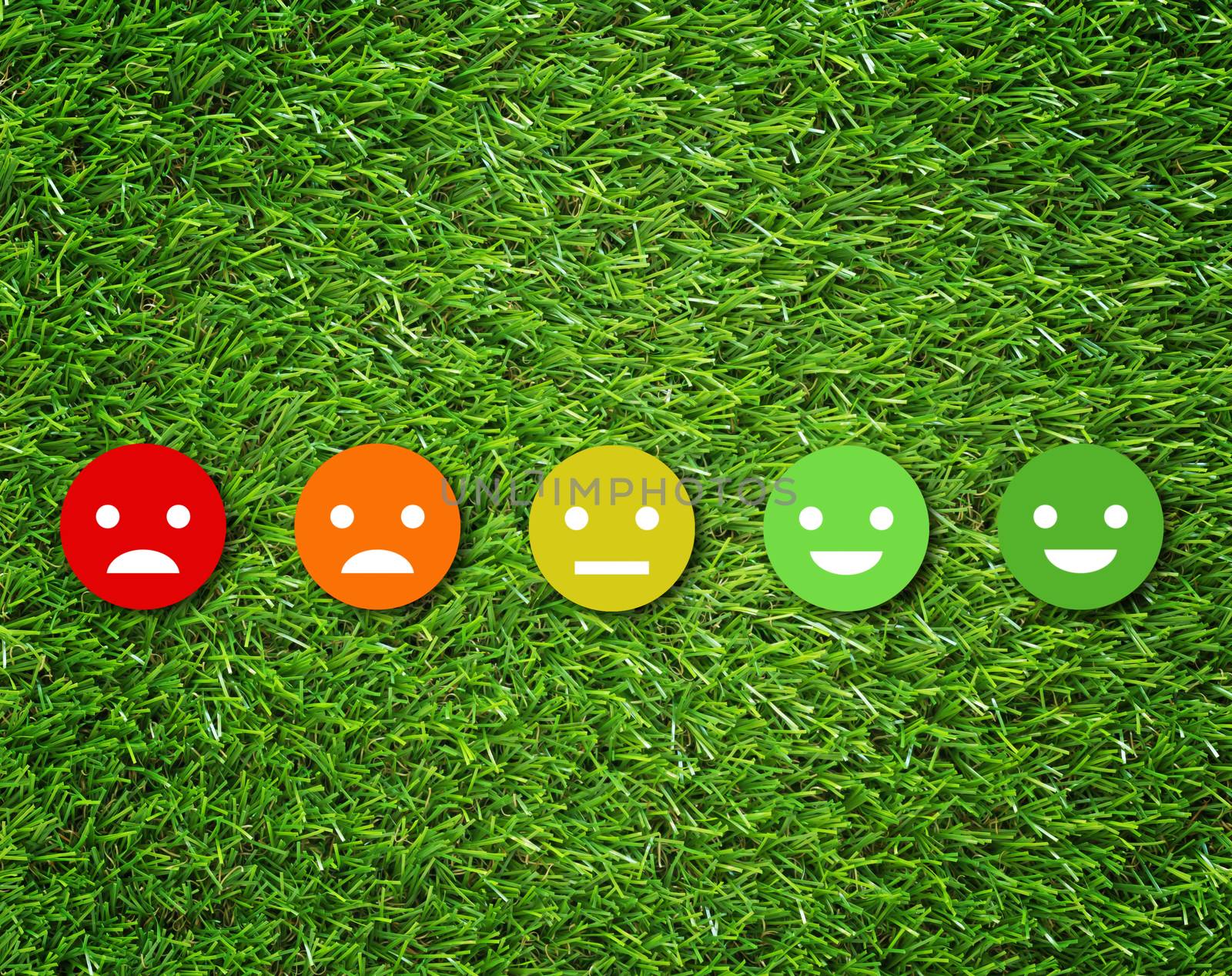 Customer experience concept, service rating on green grass background