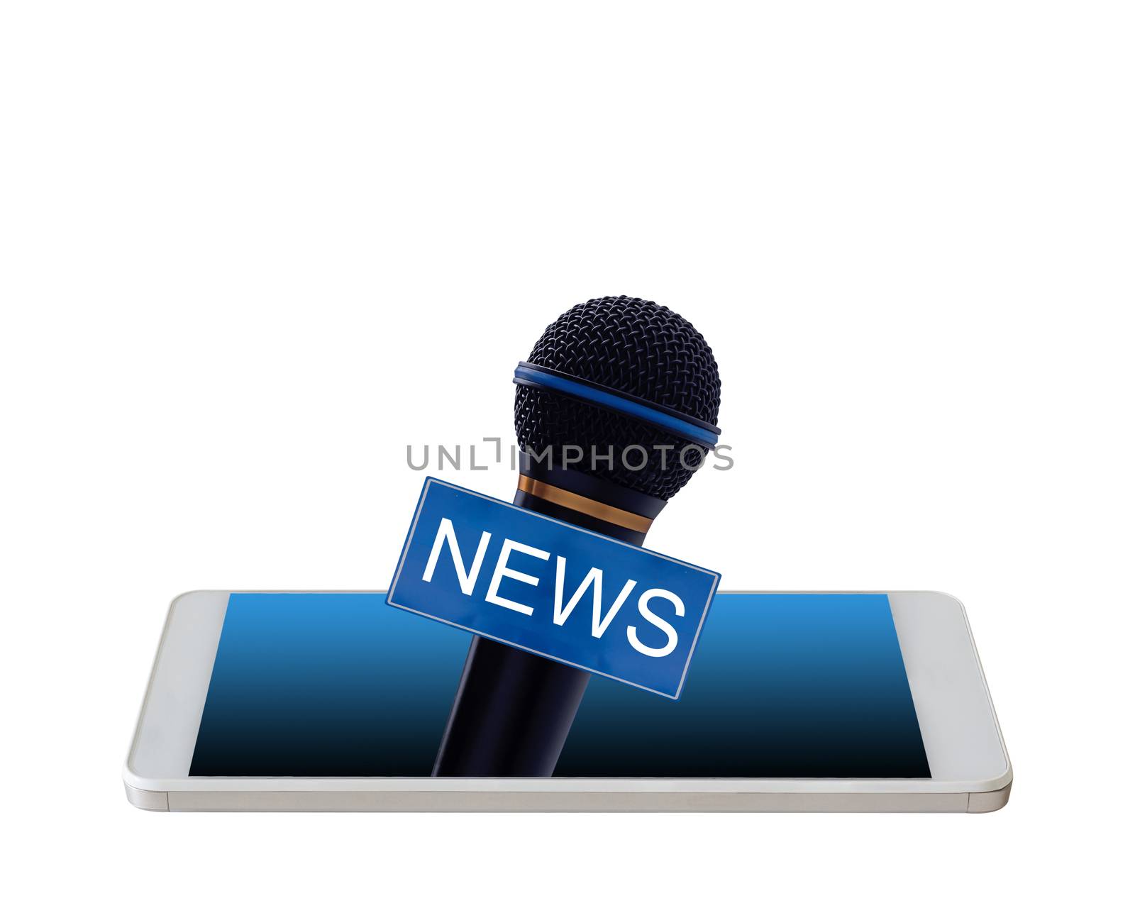 News concept, microphone and mobile phone on white background