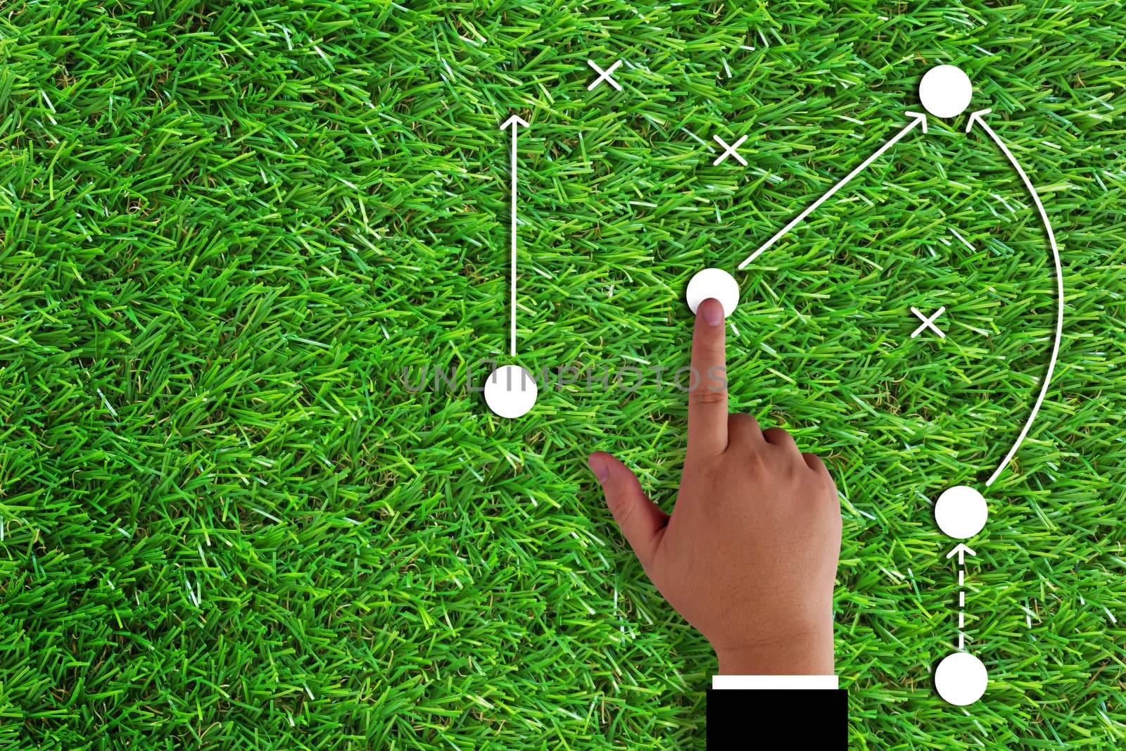 Business strategy and planning concept, hand and direction icon on green grass background