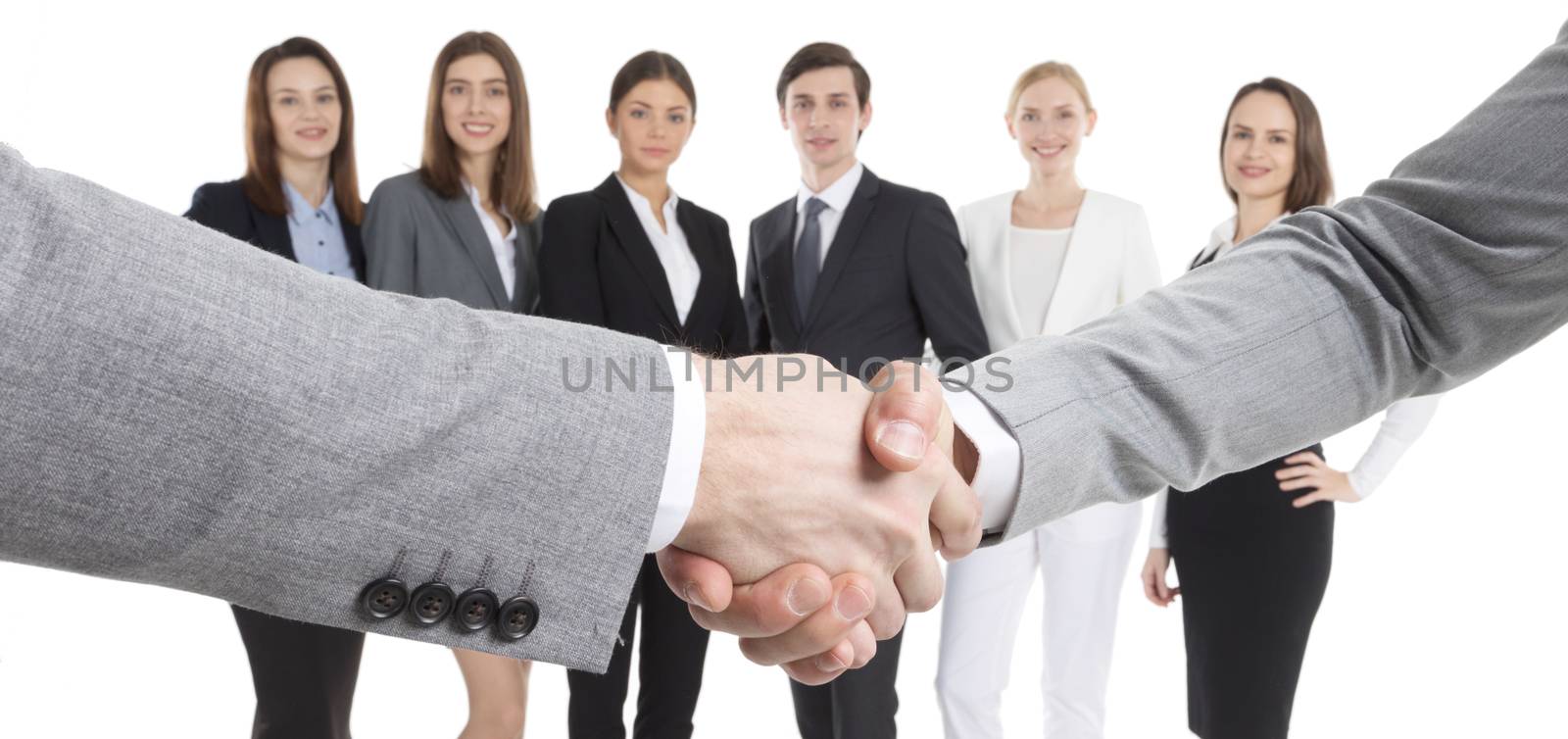 Business handshake close up and team of workers isolated on white background