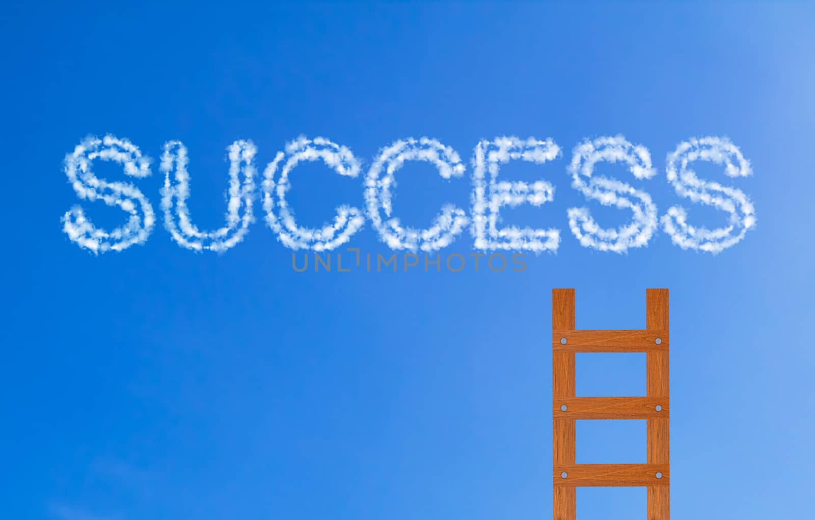 Business success concept, wooden stair on blue sky background