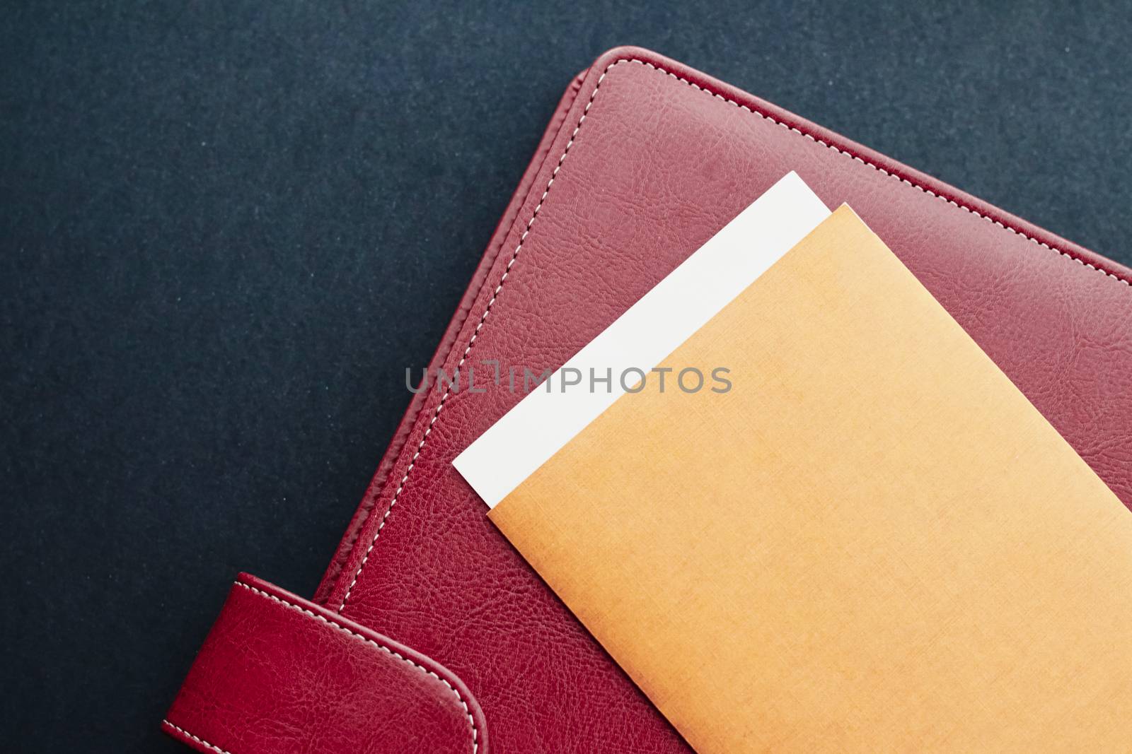 Office desk with briefcase and business card, finance and economy by Anneleven