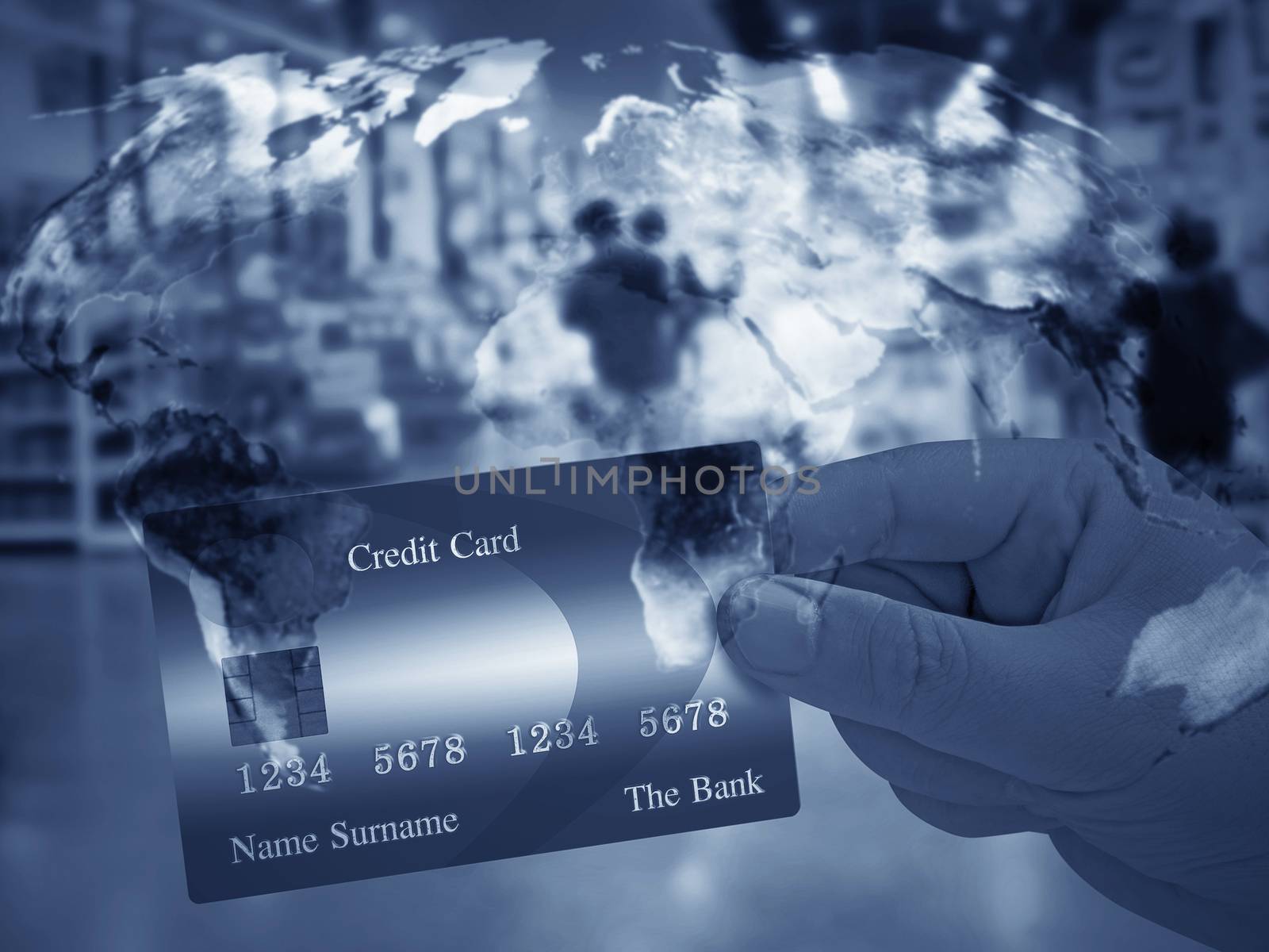 Global trading network, online business concept, hand holding credit card, Elements of this image furnished by NASA