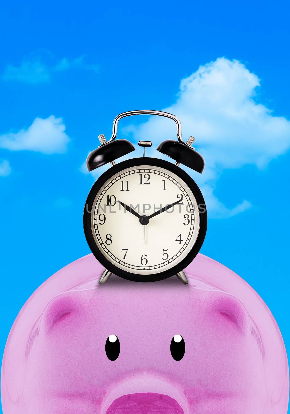 Save time is money concept on blue sky background 