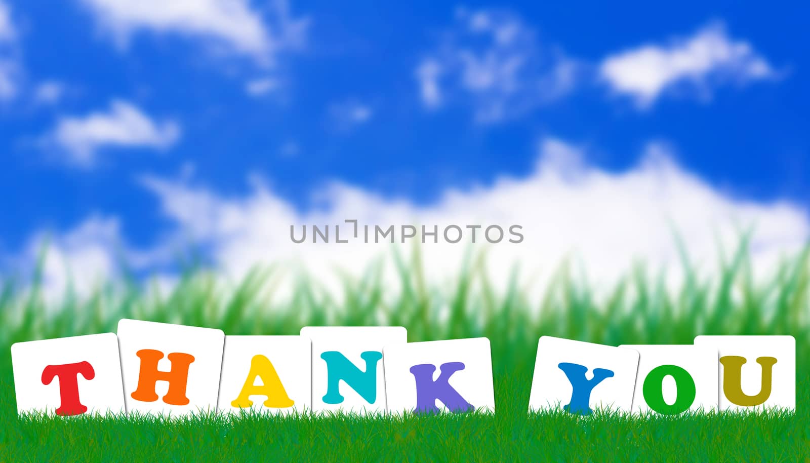 Word thank you concept on green grass and blue sky
