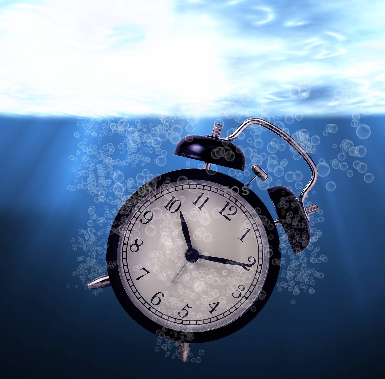 Waste of time concept, drowning alarm clock