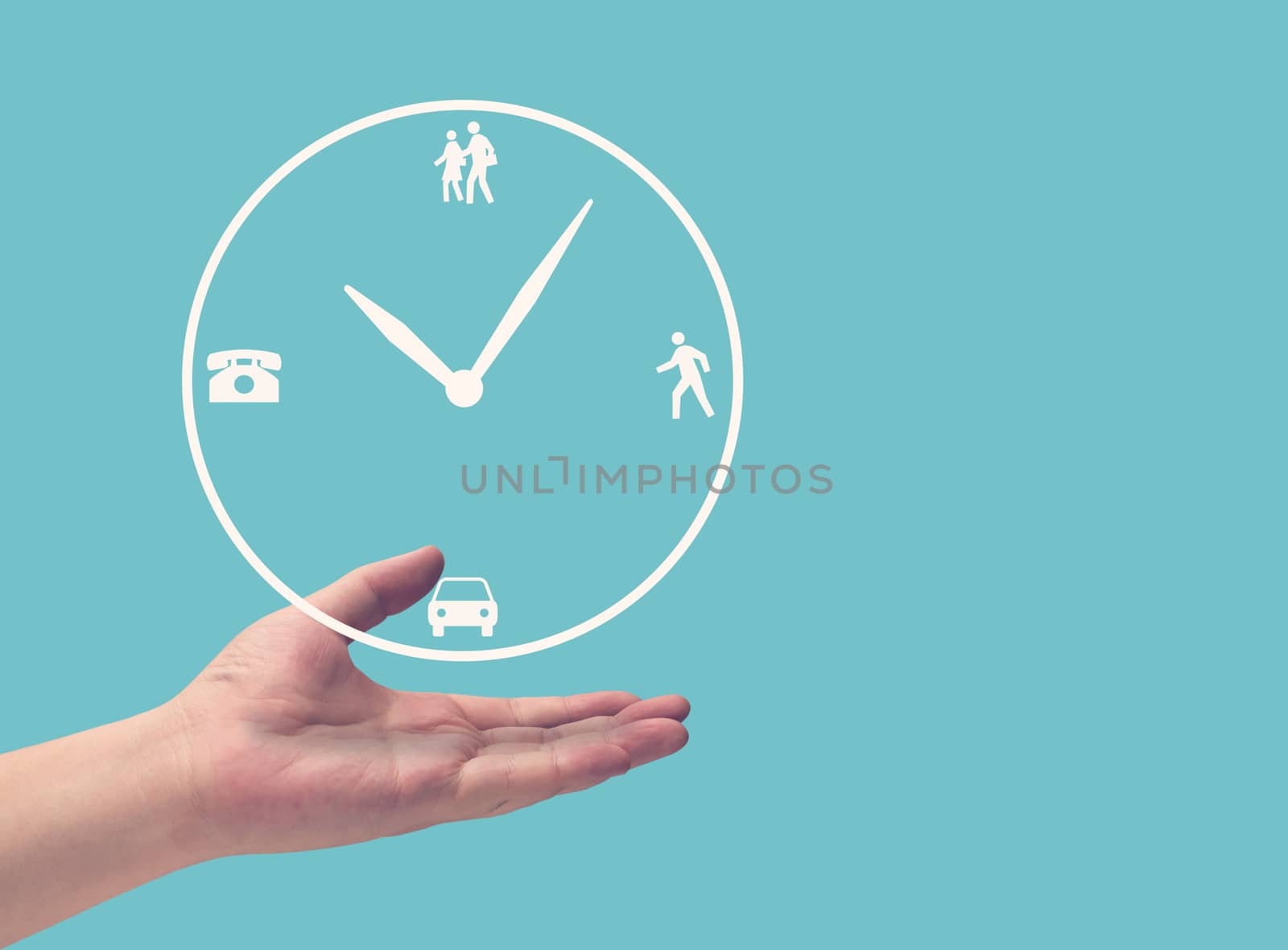 Time management concept, business strategy and planning, clock on hand in blue vintage background