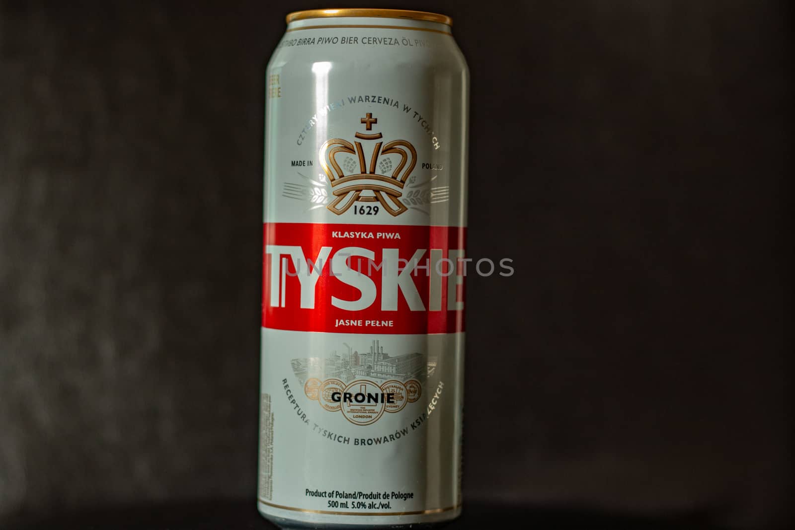 London Canada, August 18 2019: Editorial illustrative photo of Polish Tyski beer. Polish beer is known for the strong and good taste..