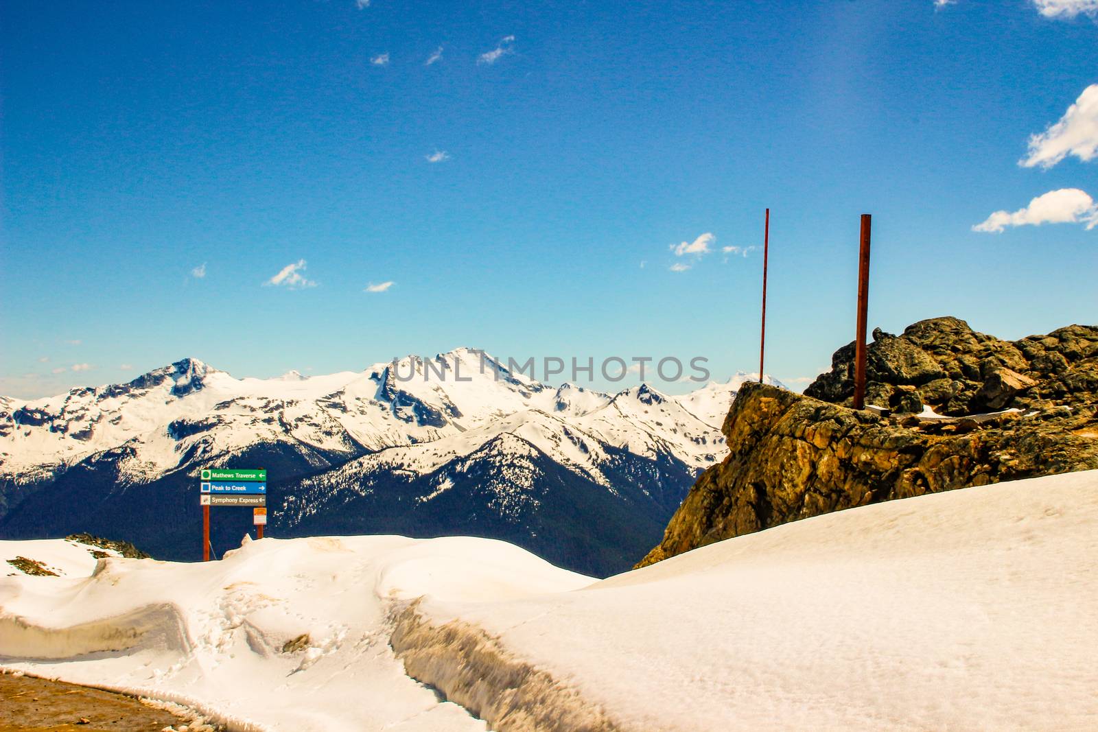 Snow covered sign with arrows to slopes.