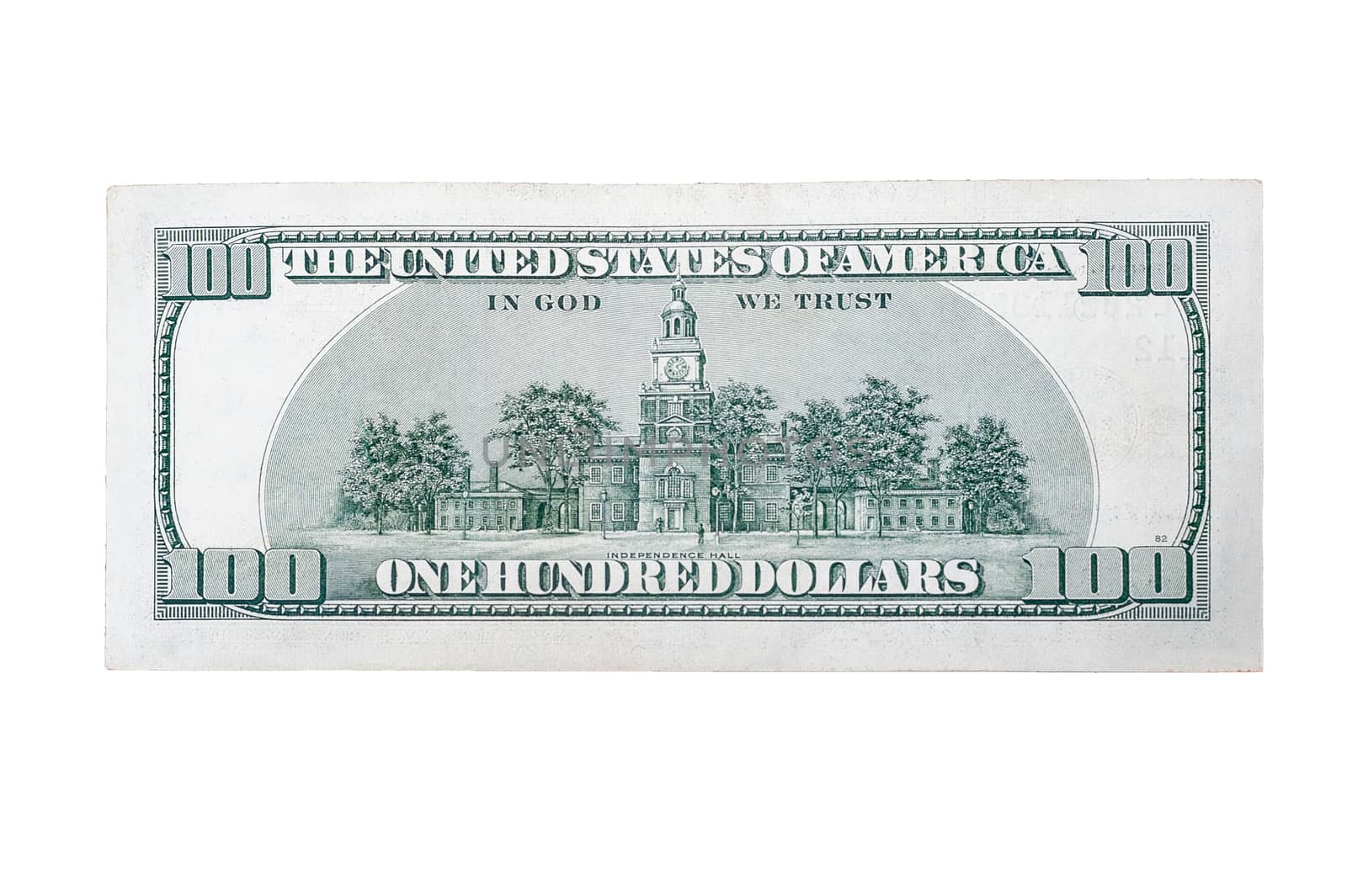 backside of usa banknote 100 american dollars on isolated white background