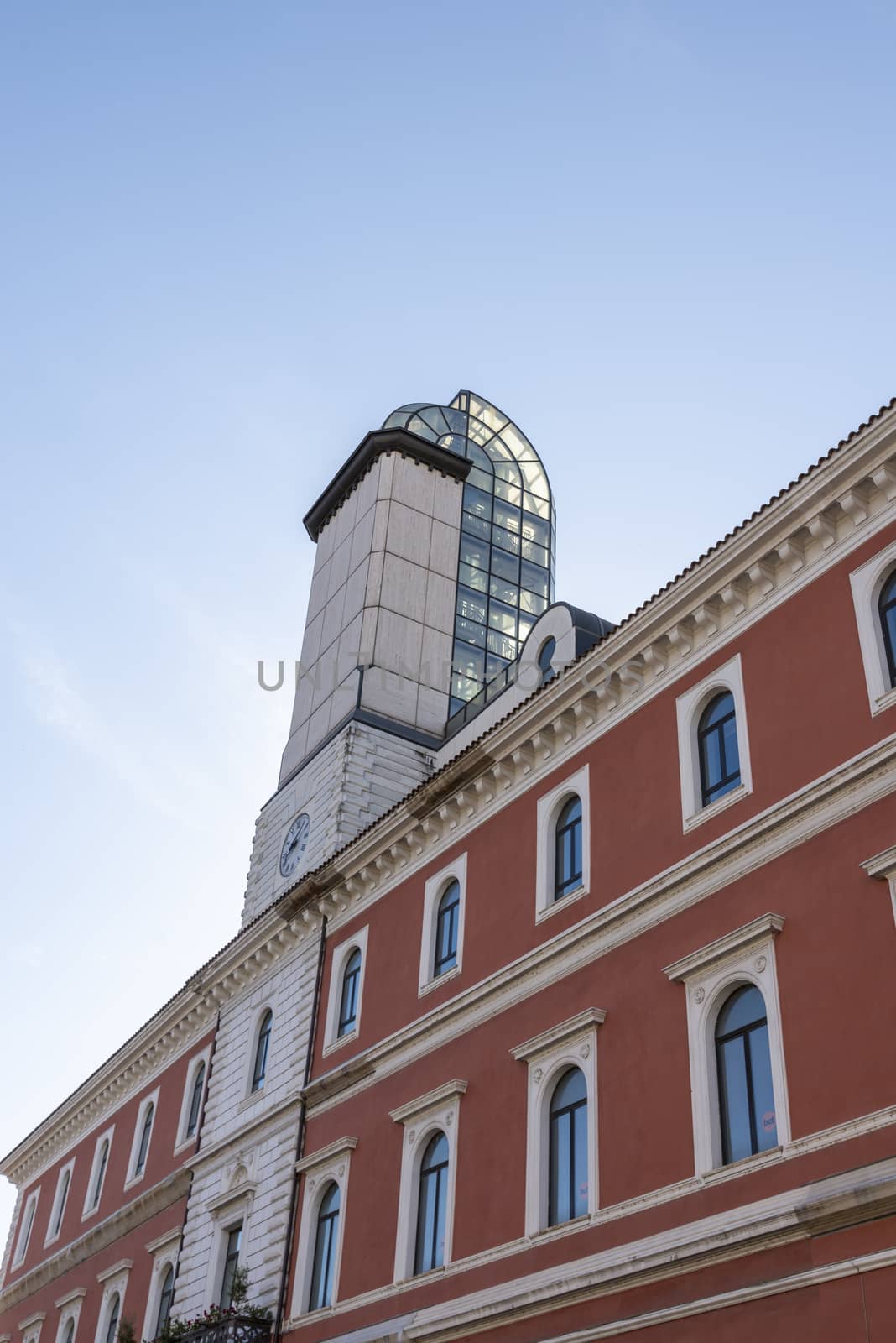 terni,italy june 07 2020 :municipal library in square europa in terni and its panoramic tower