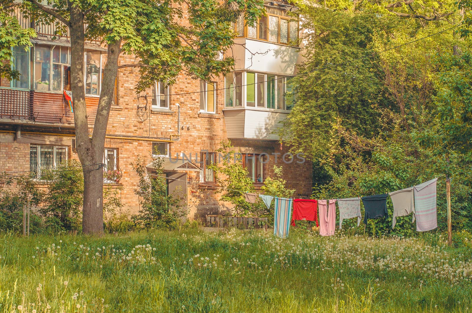 Clothes on a clothesline near old brick house and green trees