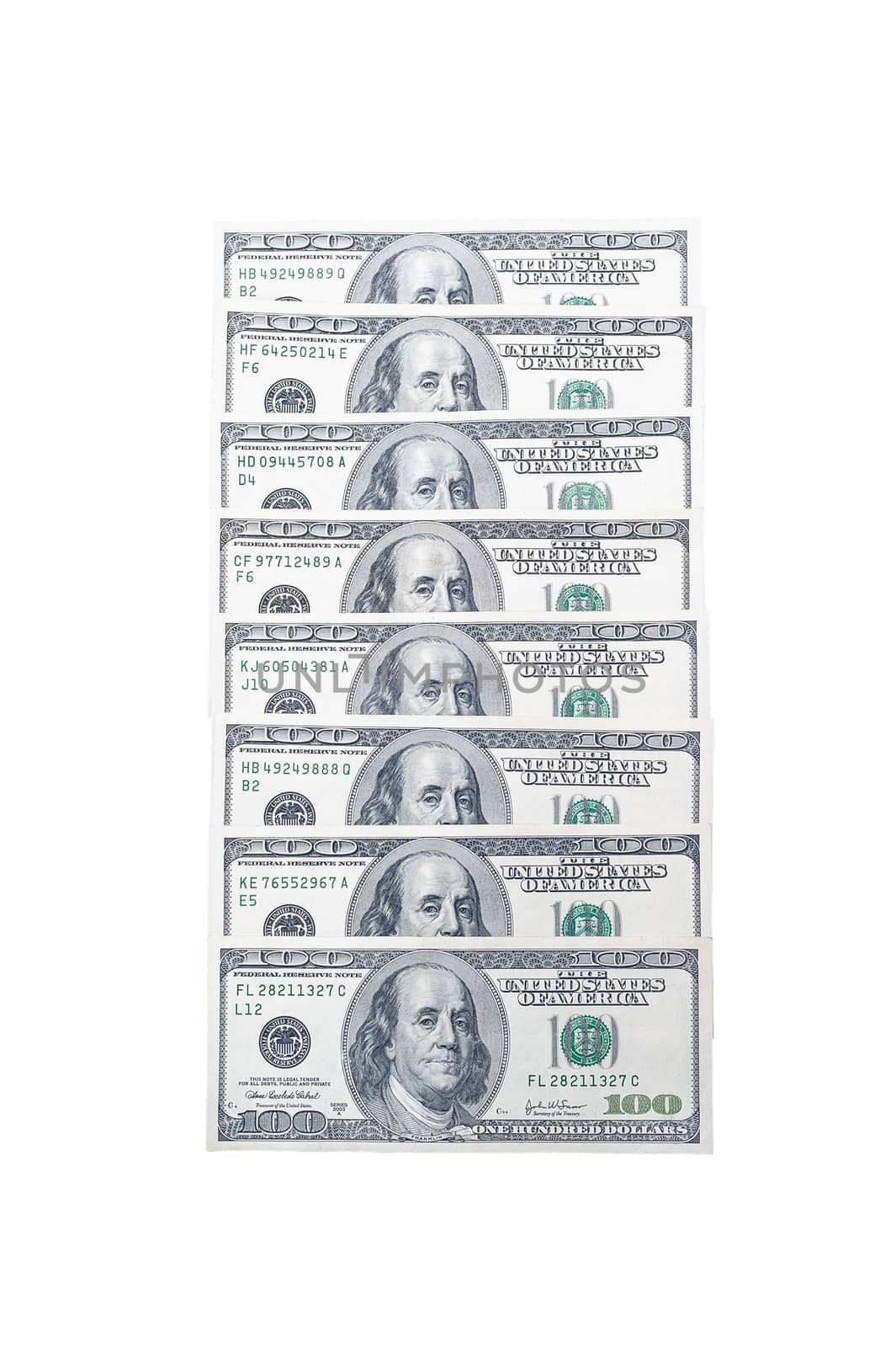 US dollar bills folded into a column with a portrait of American President Benjamin Franklin on an isolated white background