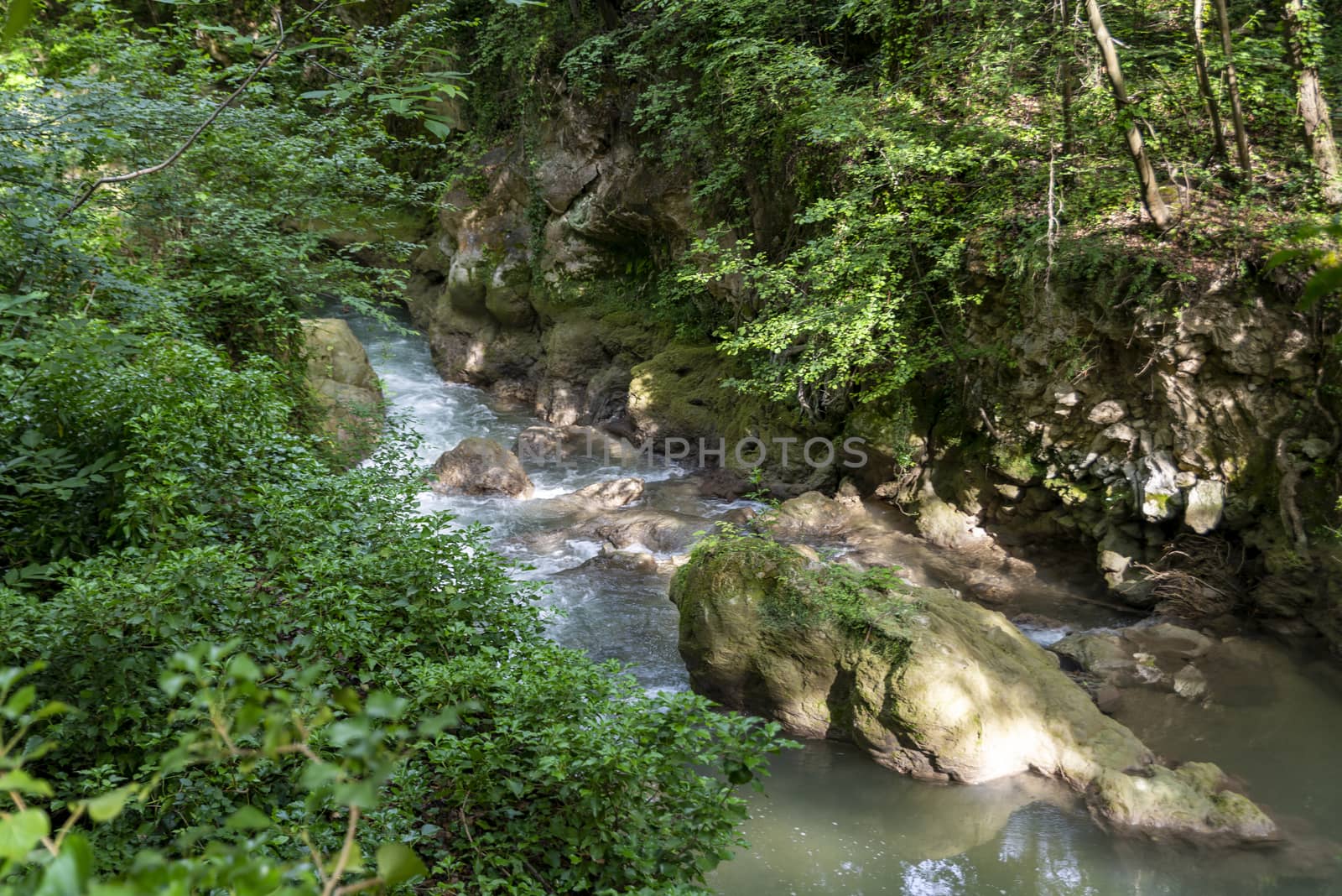 black river that comes from the marmore waterfalls in the middle of nature