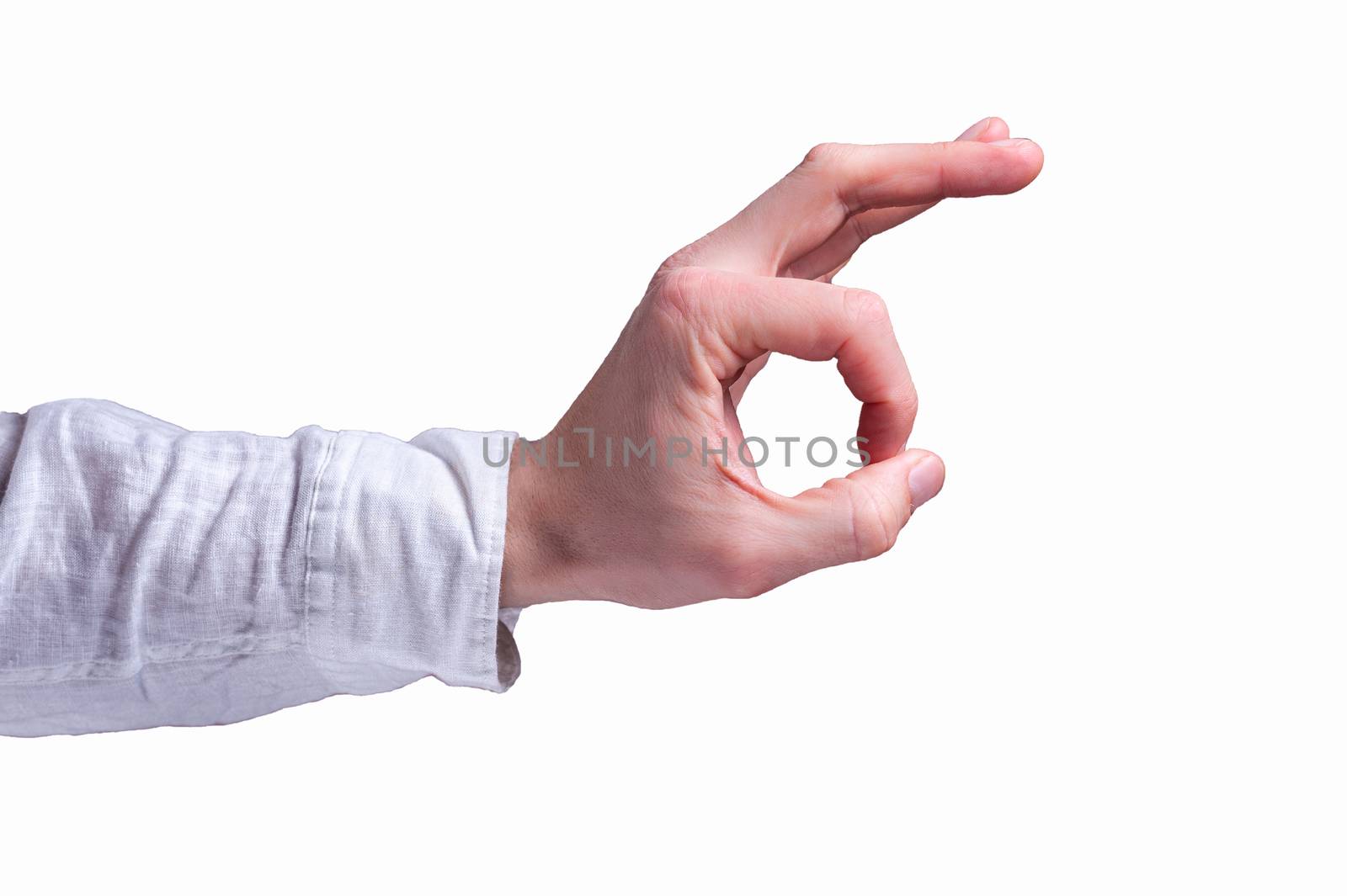 Hand of a man in a white shirt shows the OK or ring gesture sign on isolated white background