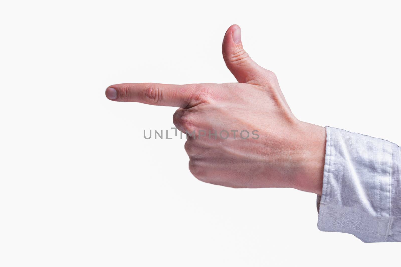 Human hand in a white shirt shows the finger gun sigh on isolated white background by chernobrovin