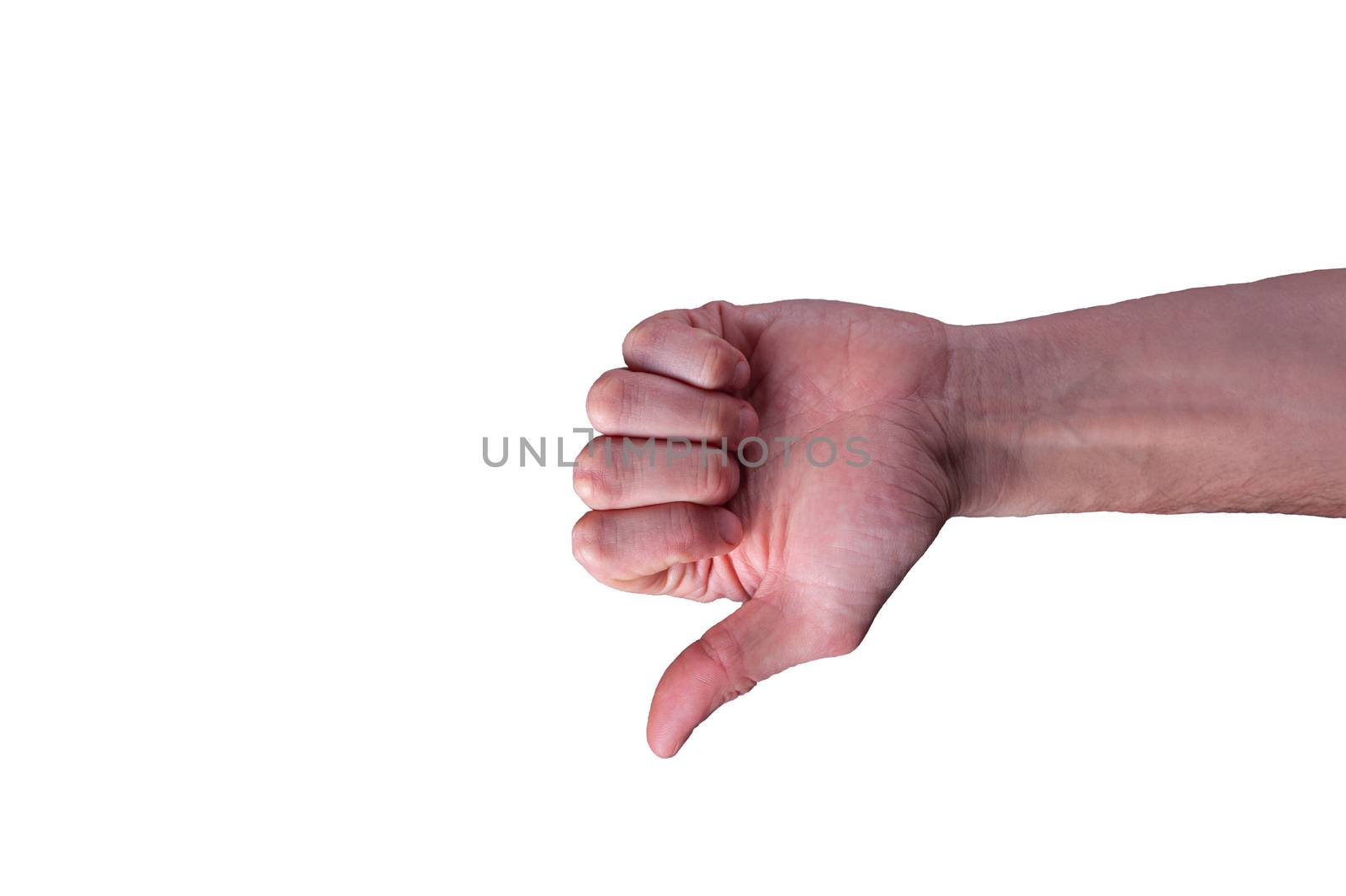 Caucasian man hand shows thumbs-down sign on isolated white background