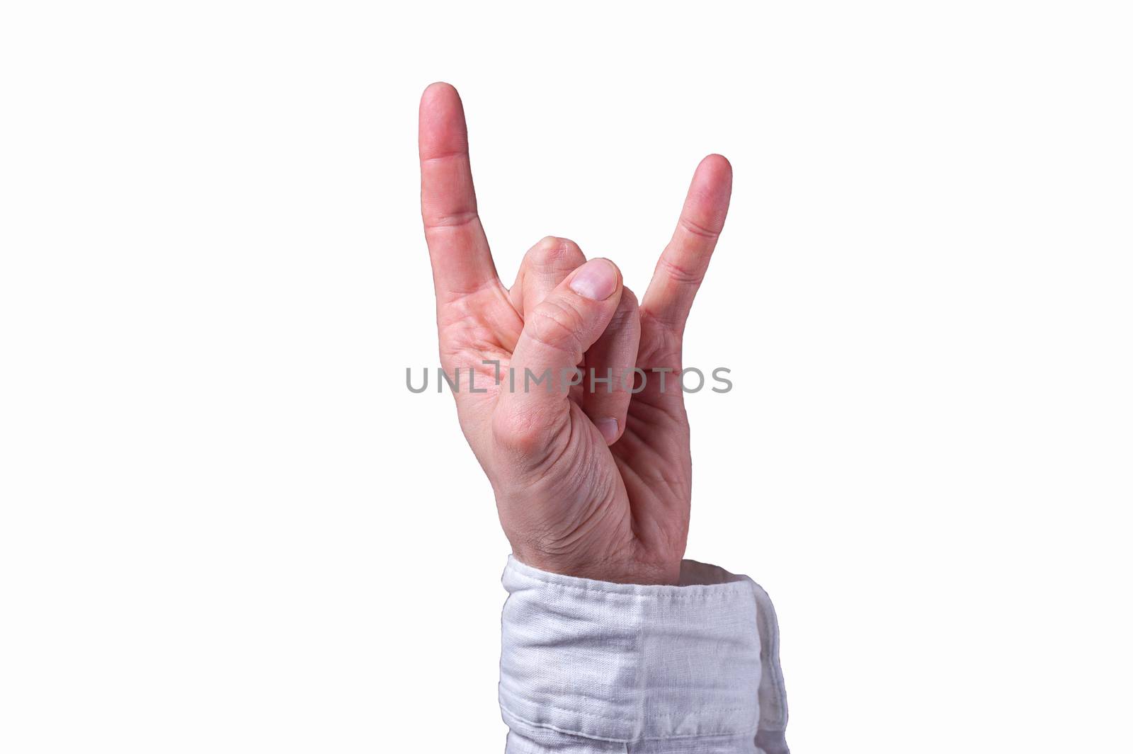 Hand of a man in a white shirt shows The sign of the horns on isolated white background by chernobrovin