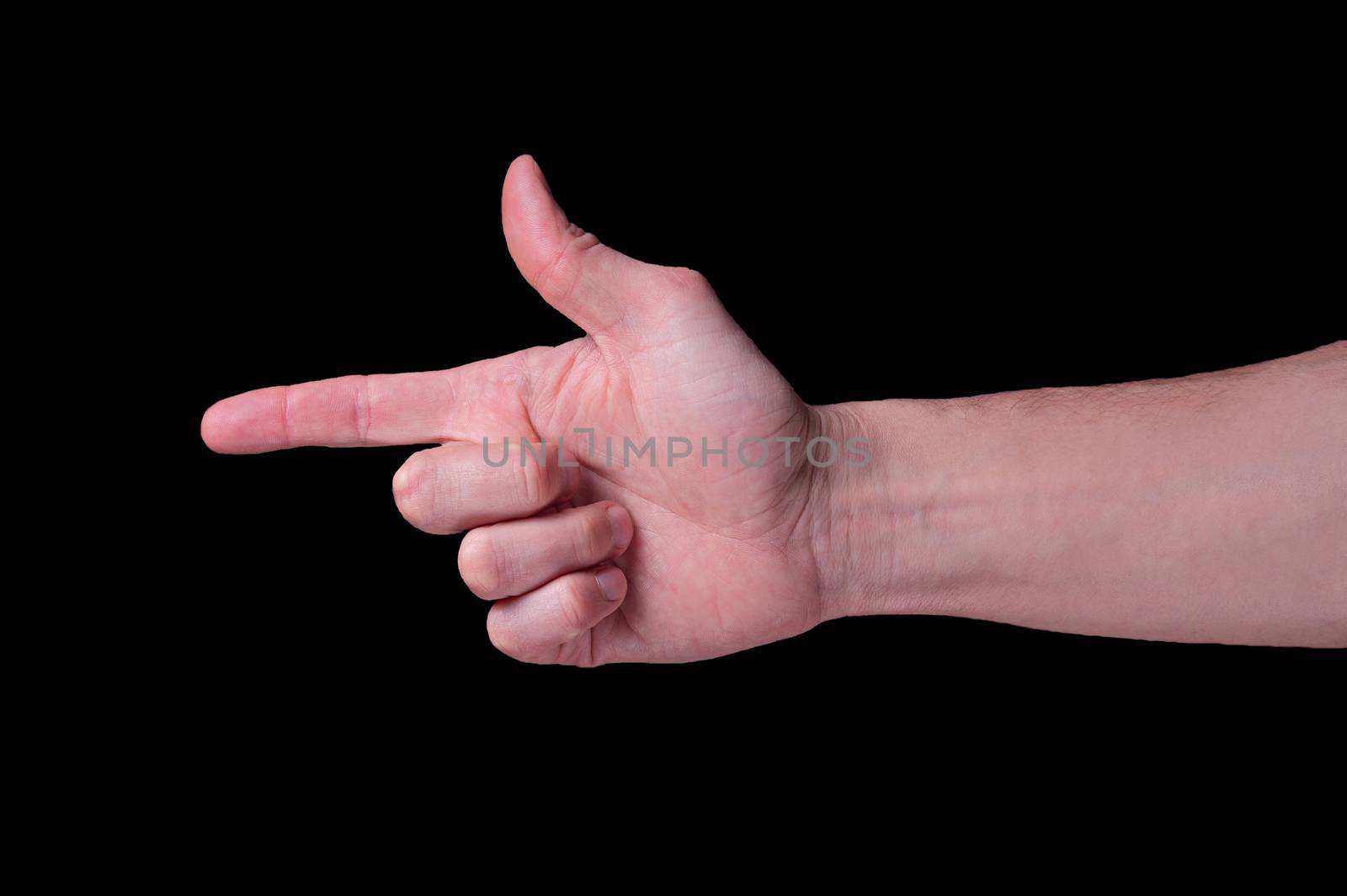 Hand of caucasian man shows the finger gun sigh on isolated black background