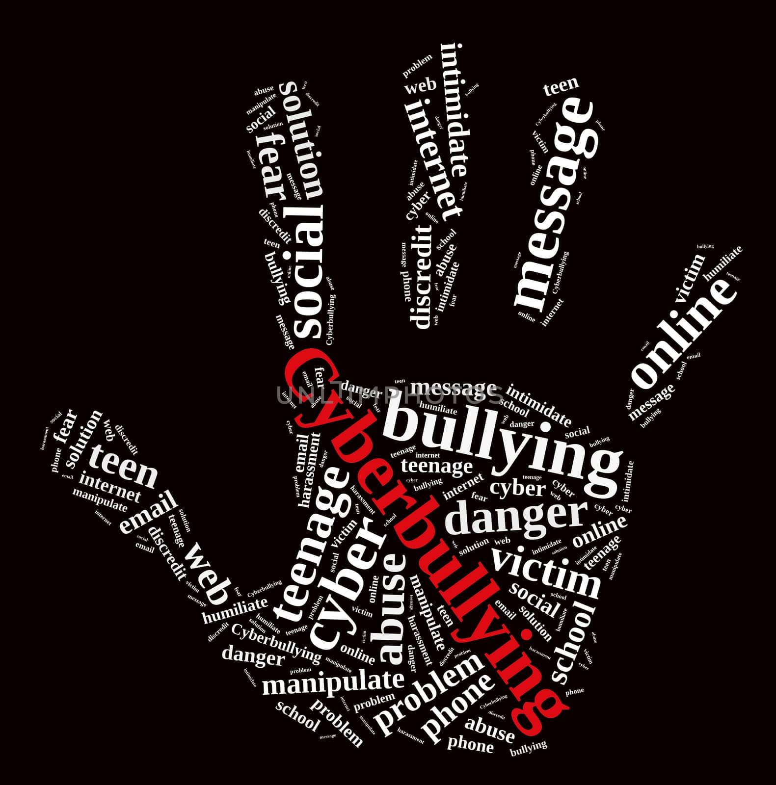 Illustration with word cloud on cyberbullying.