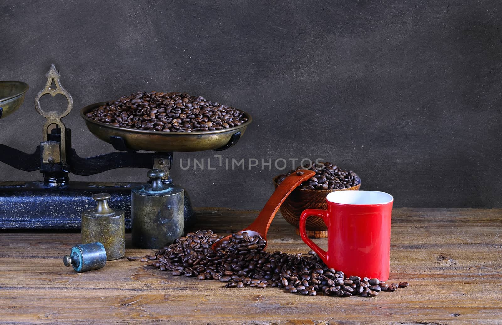 Coffee with scale and blackboard in background.