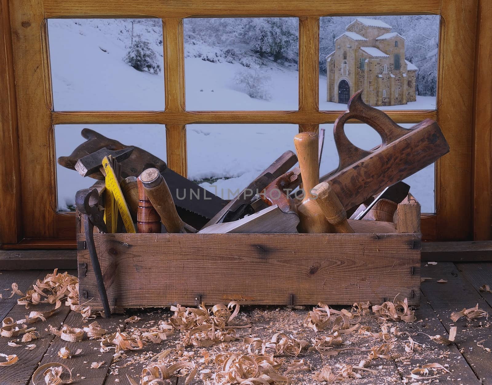Old toolbox on the workbench in a carpentry