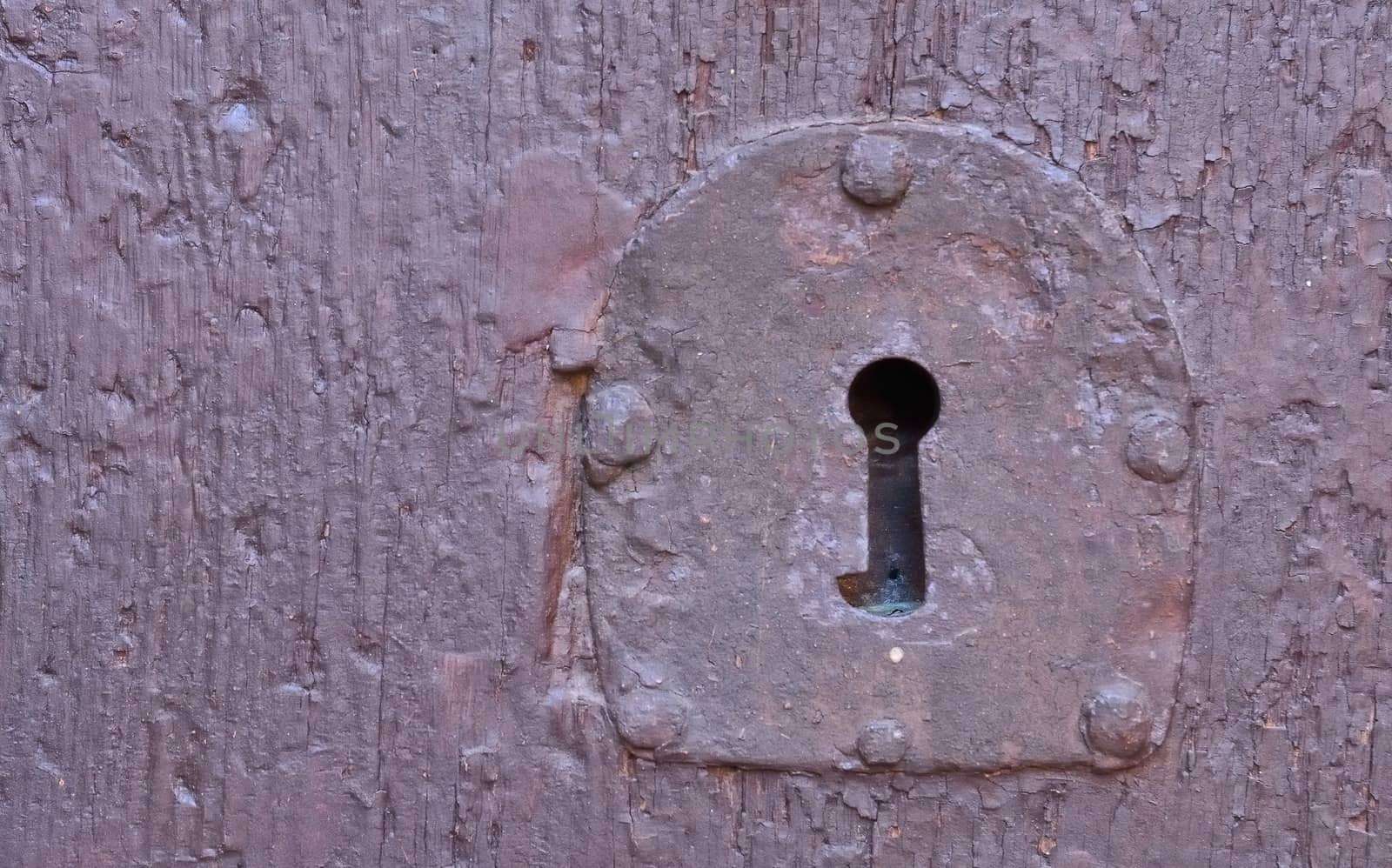 Old metal lock on a wooden door.