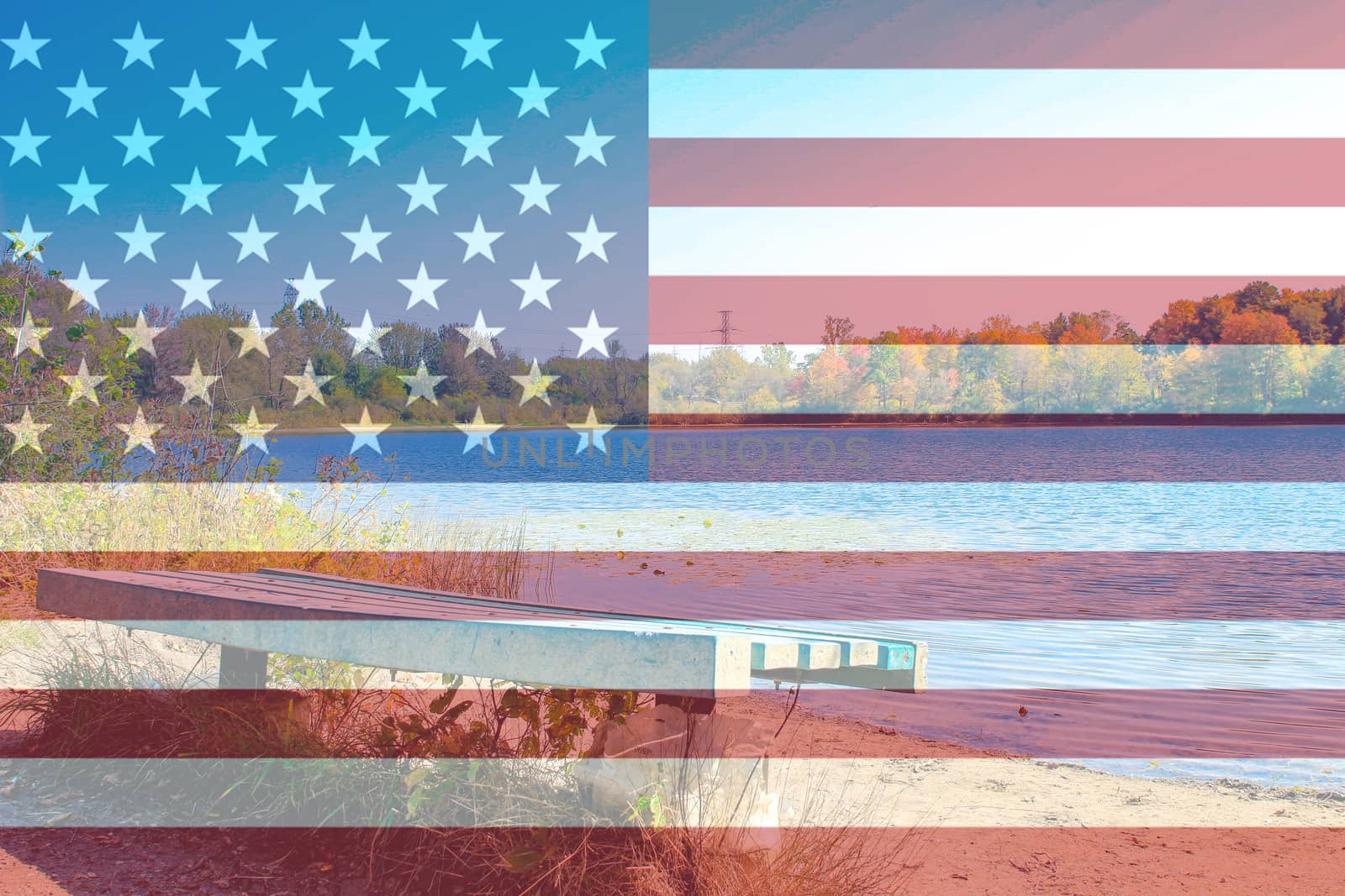 autumn scene with a USA flag composite. Theme of american beauty